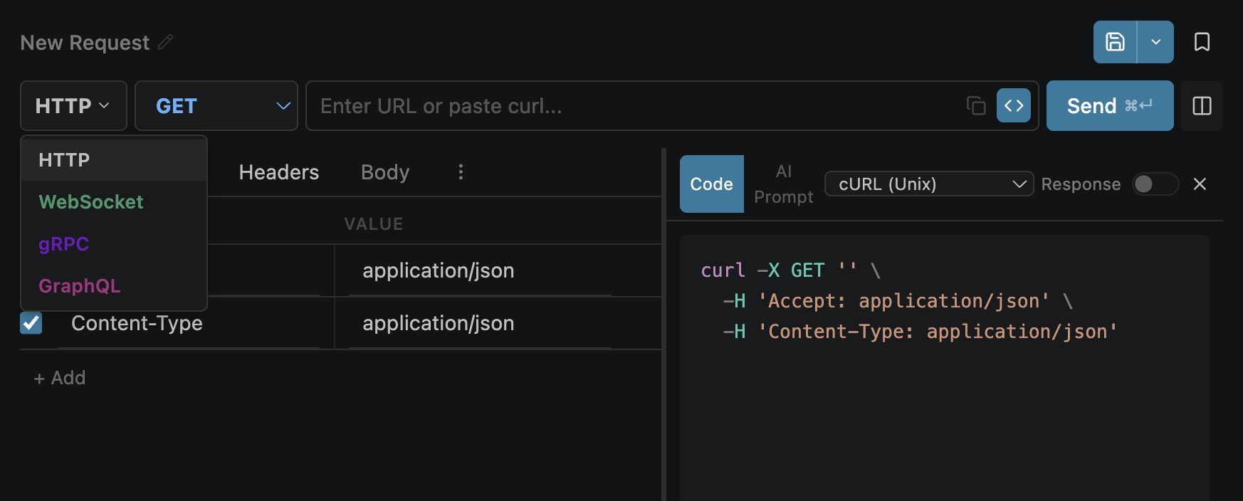 Protocol selector dropdown showing HTTP, WebSocket, gRPC, and GraphQL options
